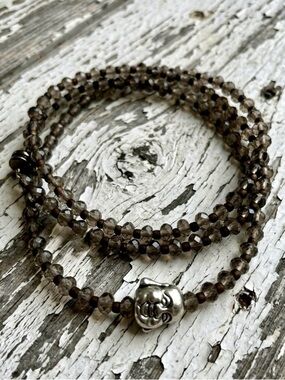 Triple Wrap Faceted Smokey Quartz & Bronze Beaded Bracelet w/Laughing Buddha